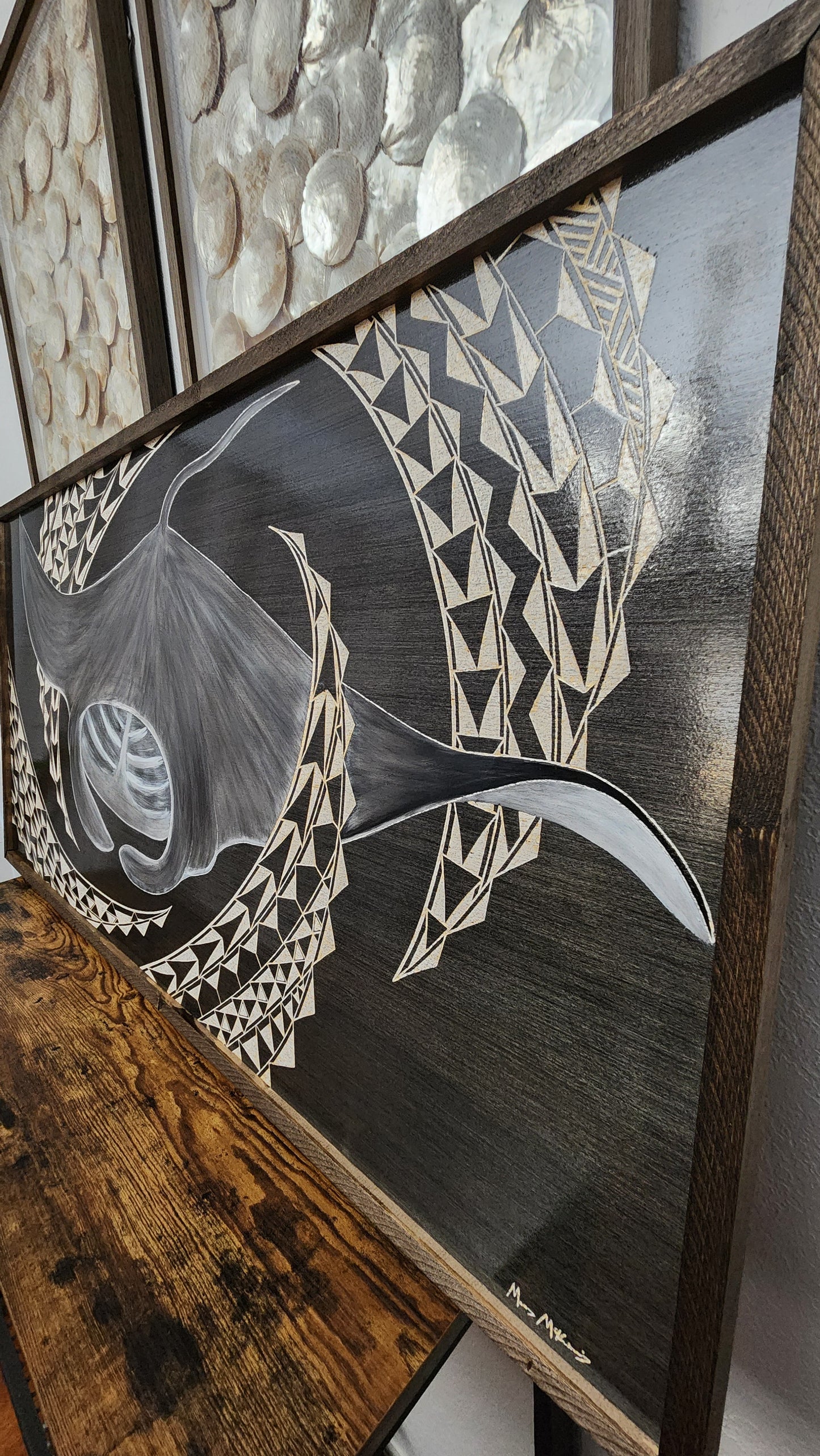 New!! Custom hand carved Hahalua (Manta Ray) Wood Panel frame
